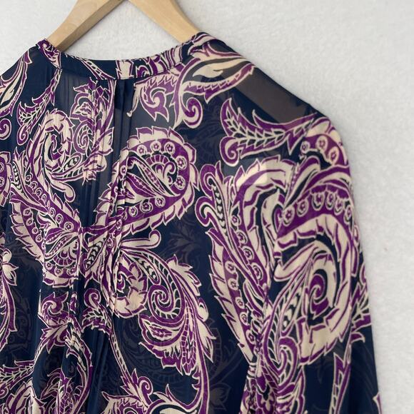 LUCKY BRAND Top Womens M Paisley Popover Chiffon Tunic Blouse Pullover Purple - Picture 4 of 12
